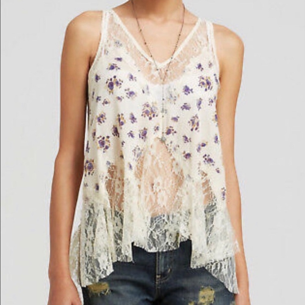 Free People Floral Lace Tank Top - Cream and Purple